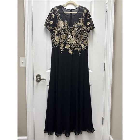 New Betsy & Adam Womens Size 14W Black Mesh Embroidered Cocktail Gown Maxi Dress - Picture 2 of 12